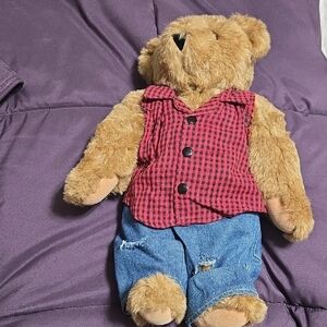 The Vermont Teddy Bear with Red Plaid Vest and Blue Jeans and Tattoo 15 Inches